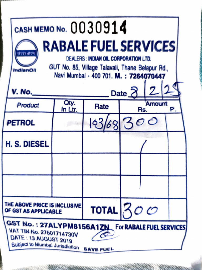 Cash Memo for Rabale Fuel Services | PDF