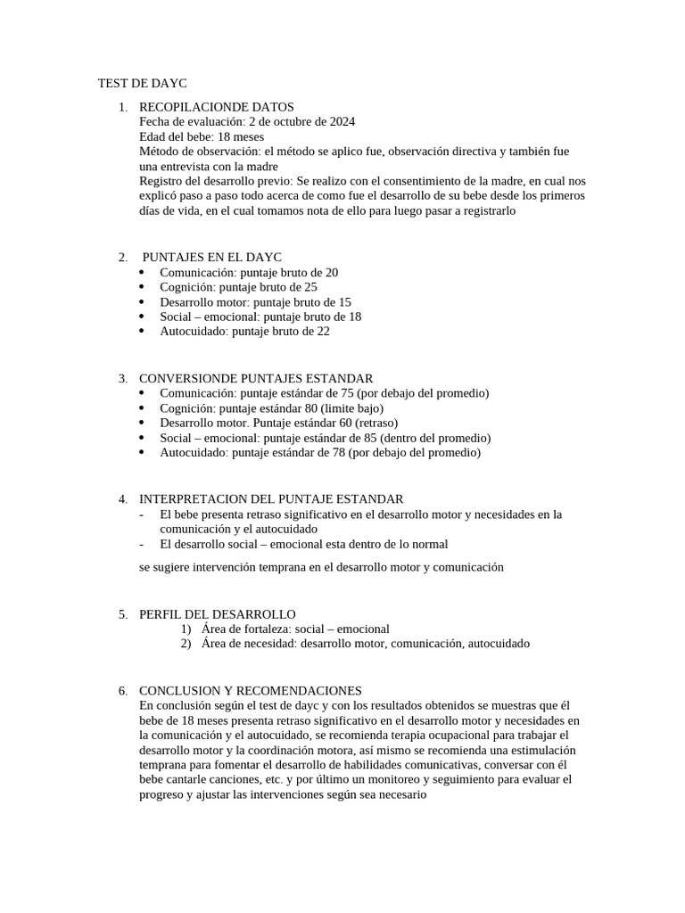 Evaluación DAYC: Desarrollo de Bebé 18 Meses | PDF