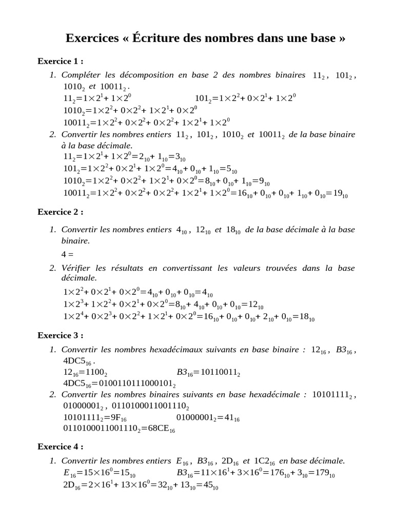 Exercices de conversion de bases numériques | PDF | Adresse IP ...