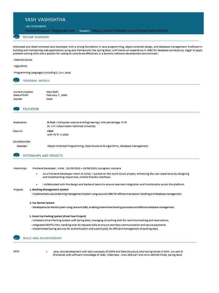 Java Developer Profile: Yash Vashishtha | PDF | Java (Programming ...
