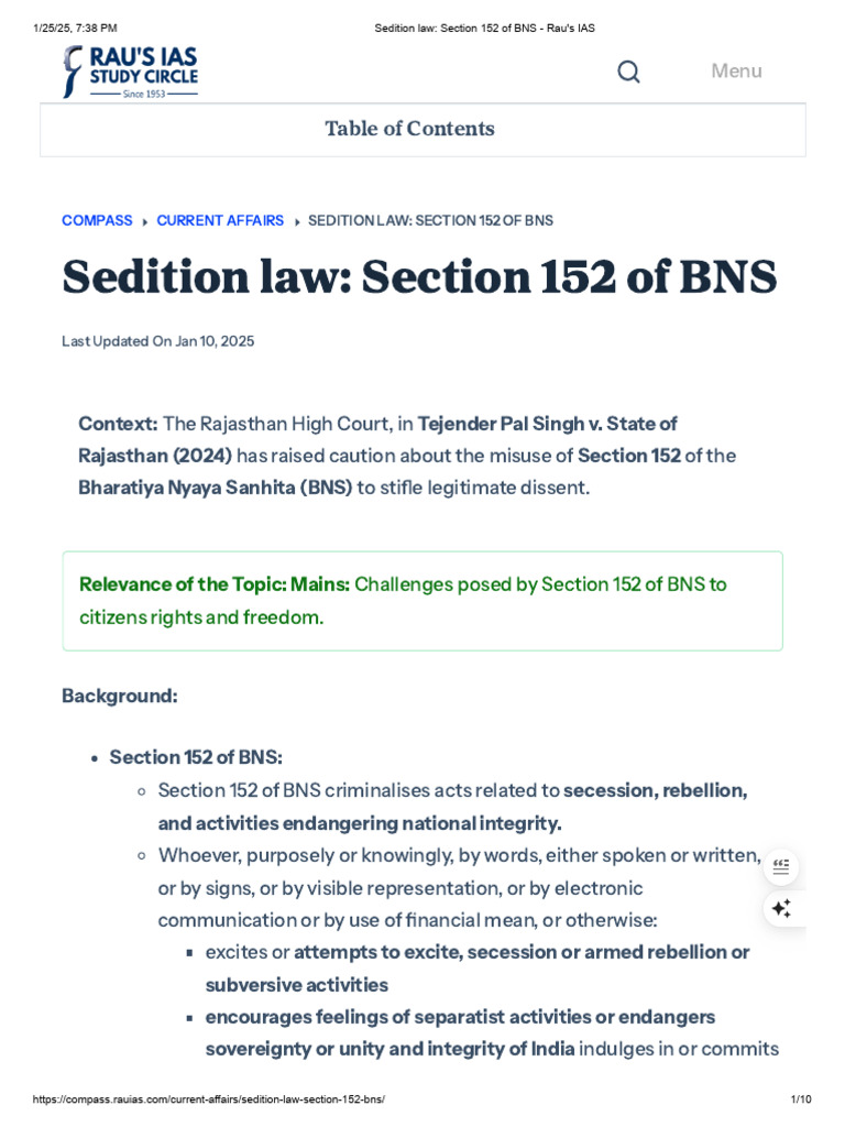 Sedition Law - Section 152 of BNS - Rau's IAS | PDF | Justice | Crime ...