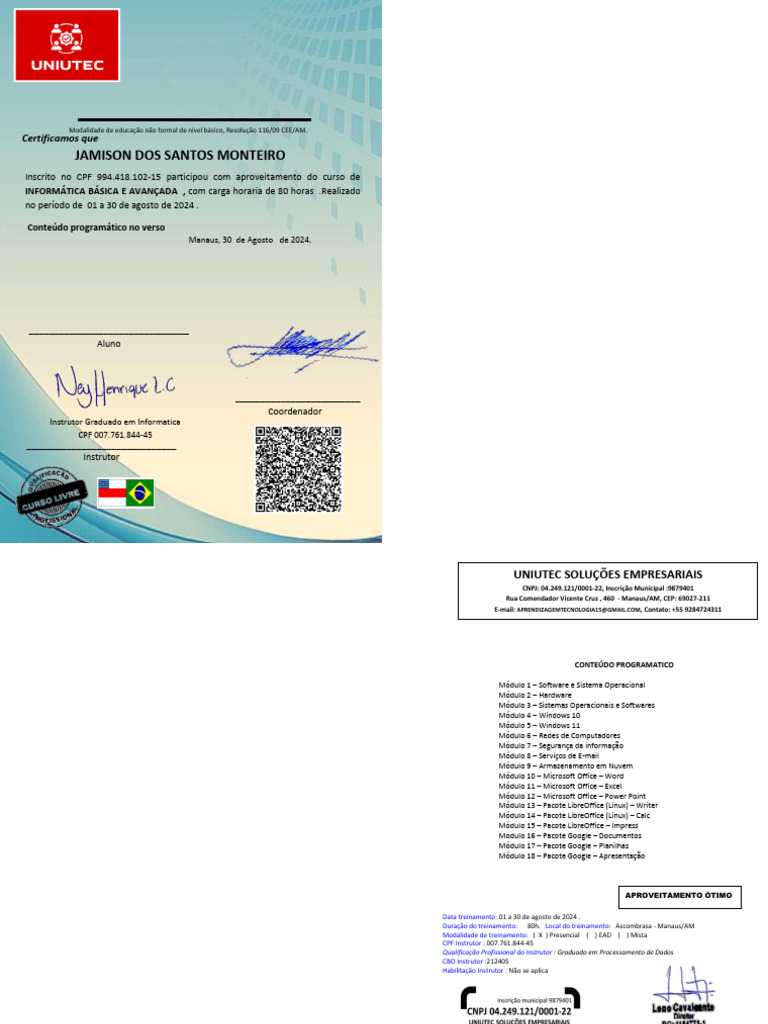 Certificado de Curso de Informática 80h | PDF | Microsoft | Engenharia ...