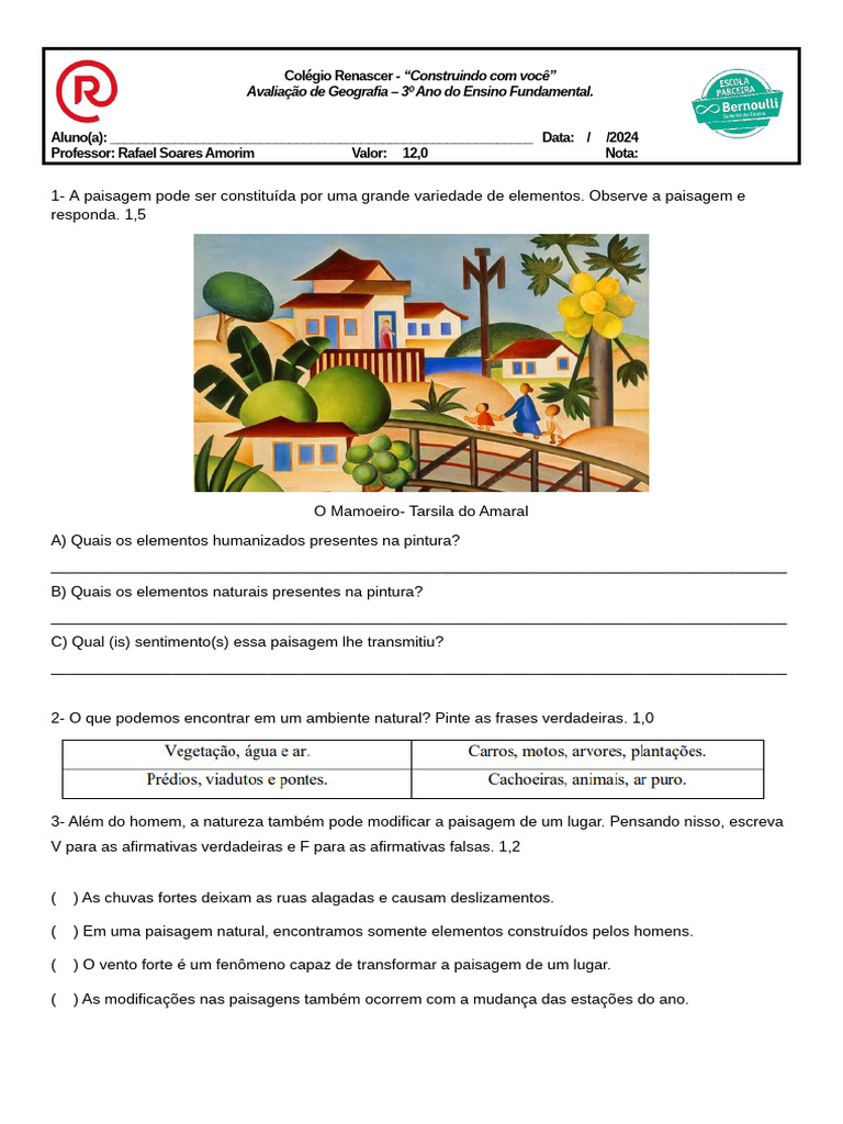 Avaliação de Geografia: Paisagens 3º Ano | PDF | Paisagem | Desperdício