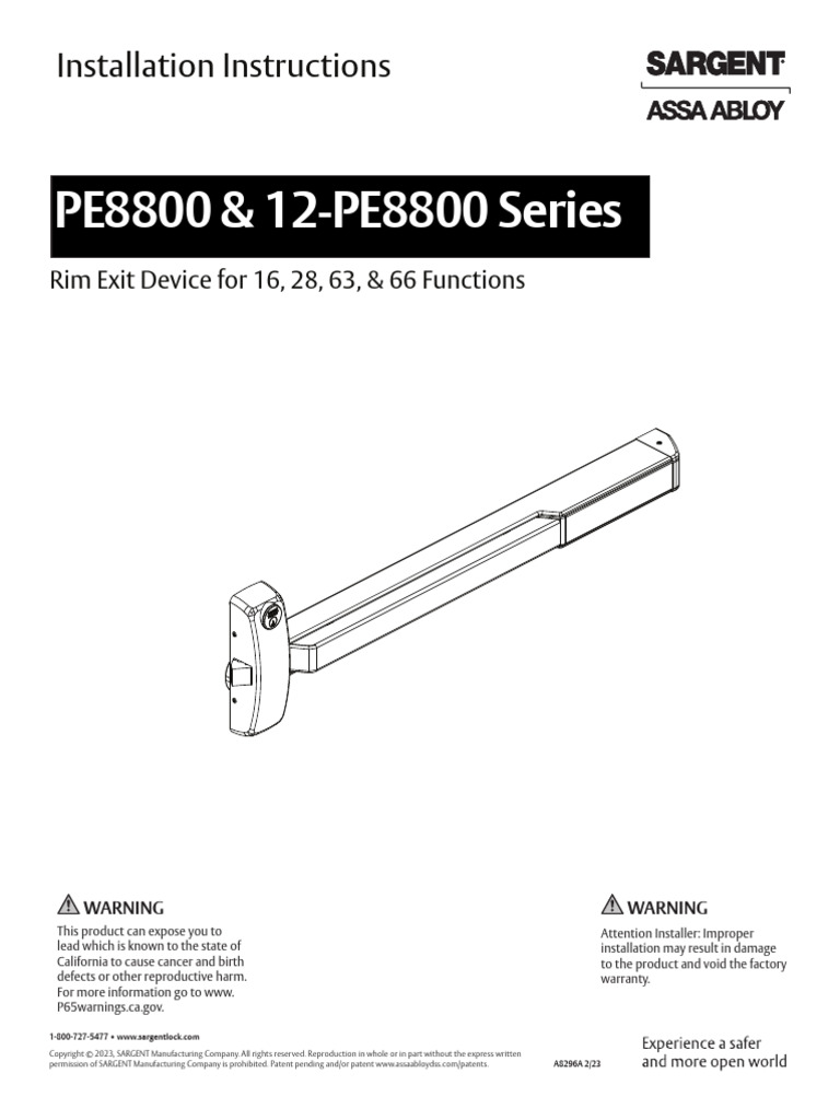 Sargent Pe80 Series 12 Pe8800 Wide Stile Rim 16 28 63 and 66 Functions ...