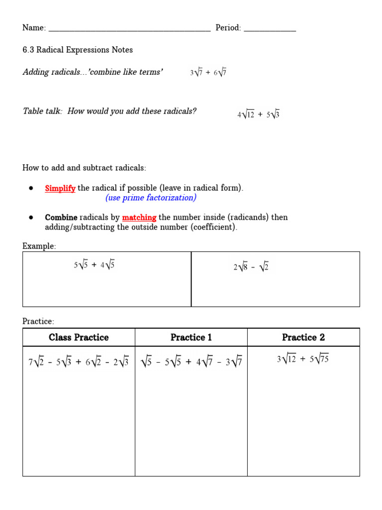 6.3 Radical Expressions Notes | PDF