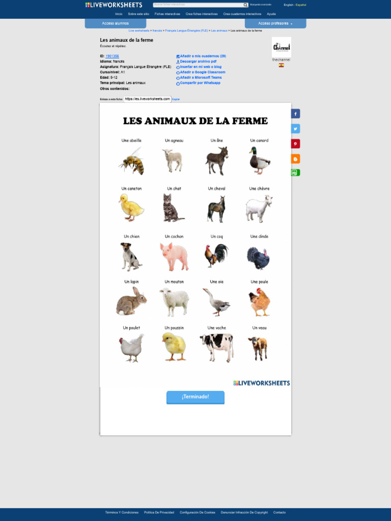 Ejercicio de Les Animaux de La Ferme en PDF | PDF