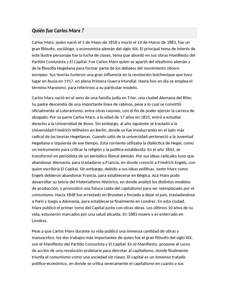 Vida y legado de Carlos Marx | PDF | Karl Marx | El Manifiesto Comunista
