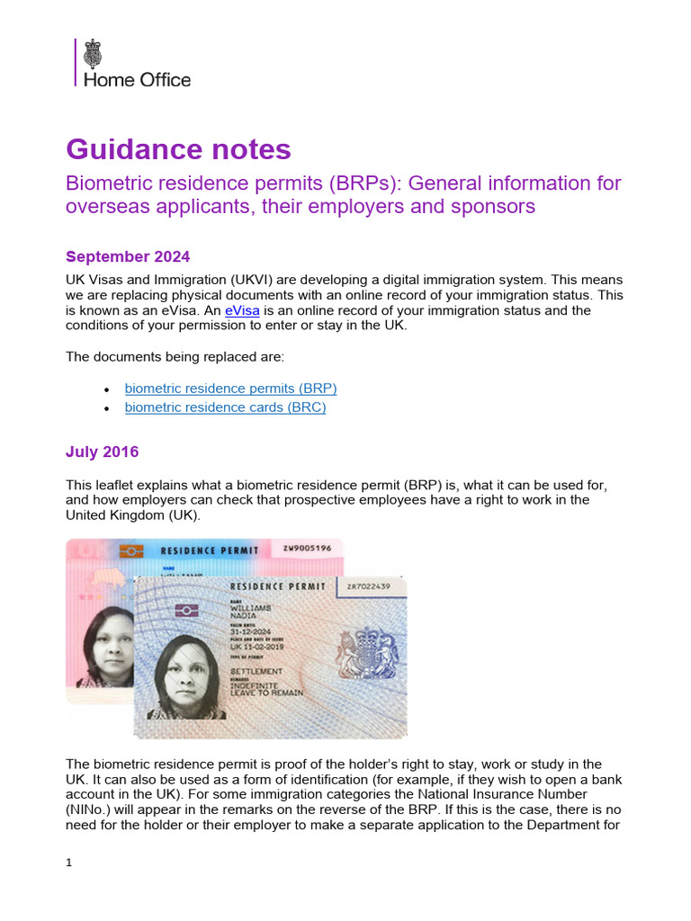 Biometric Residence Permits Guide for Employers | PDF | Travel Visa ...