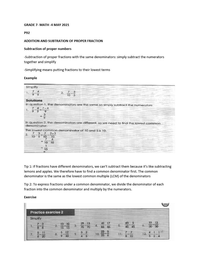Grade 7 Math: Adding & Subtracting Fractions | PDF