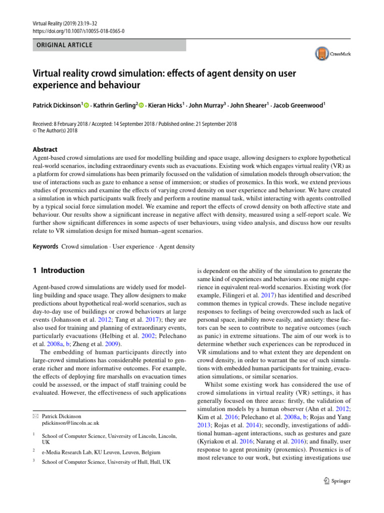 Virtual Reality Crowd Simulation Efects of Agent Density On User | PDF ...