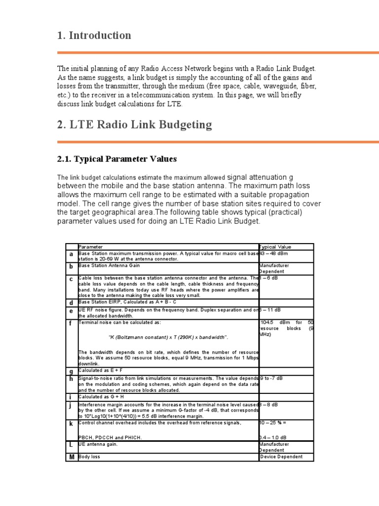 LTE Radio Link Budgeting: 2.1. Typical Parameter Values | PDF | Decibel ...