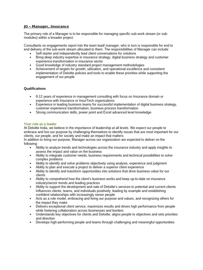 JD-Manager Insurance | PDF | Strategic Management | Consultant