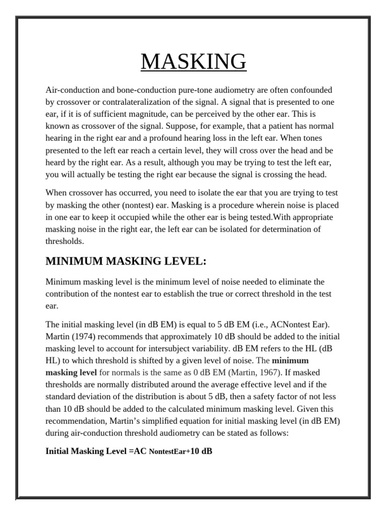 Audiometry Masking Levels Explained | PDF | Classical Mechanics | Neurology