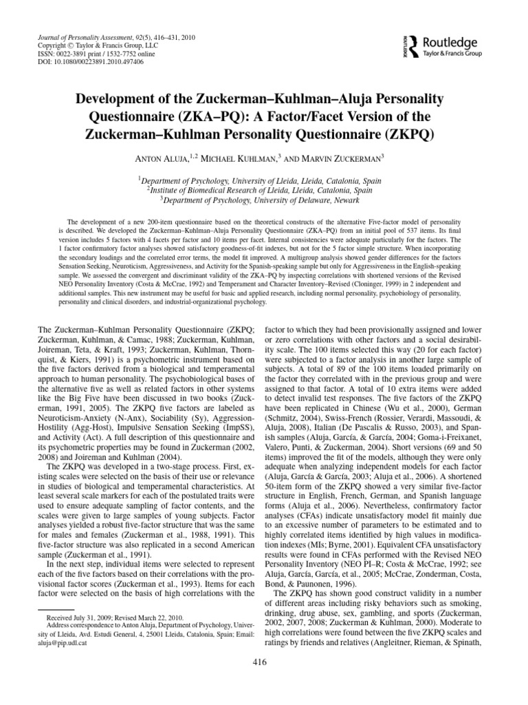 ZKPQ Questionnaire and Publication | PDF | Psychology | Psychological ...
