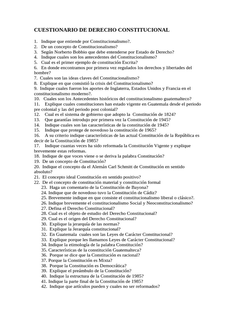 Cuestionario de Derecho Constitucional | PDF | Constitución | Derecho ...