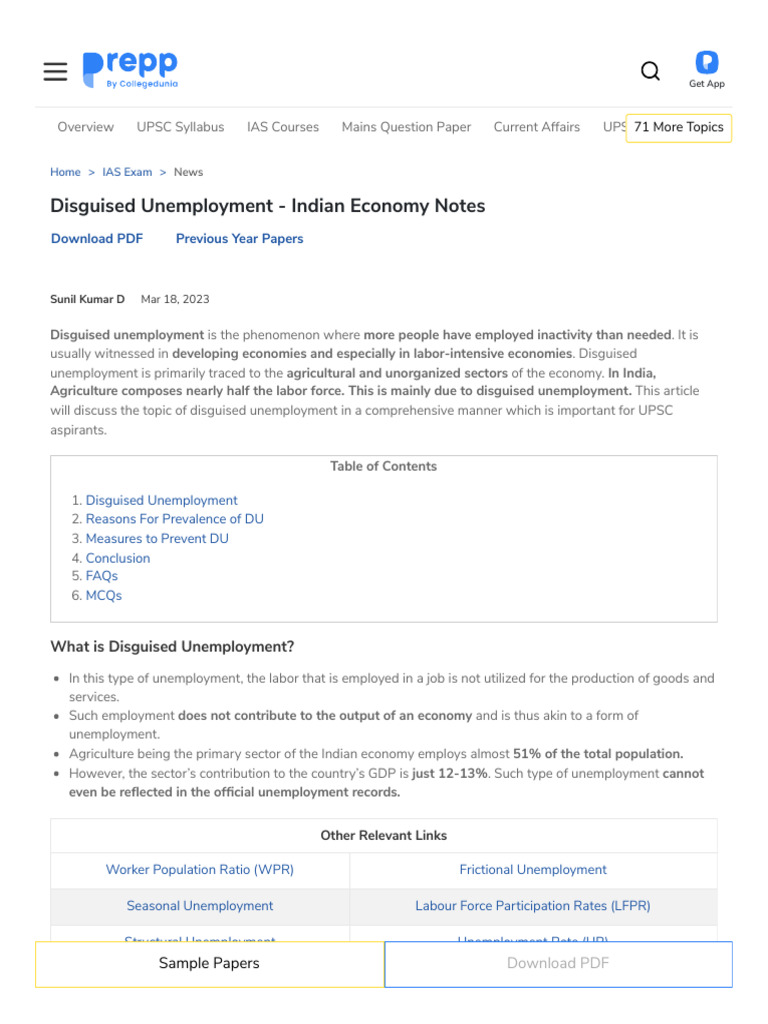 Disguised Unemployment in India Explained | PDF | Unemployment | Workforce