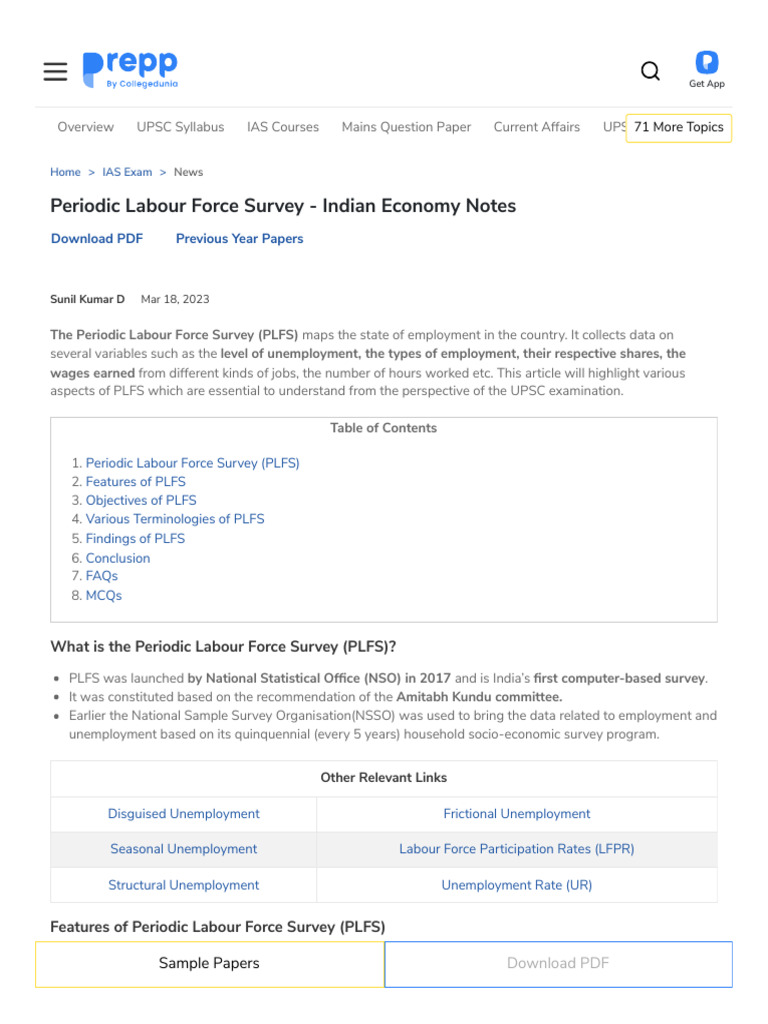 Periodic Labour Force Survey - Indian Economy Notes | PDF ...