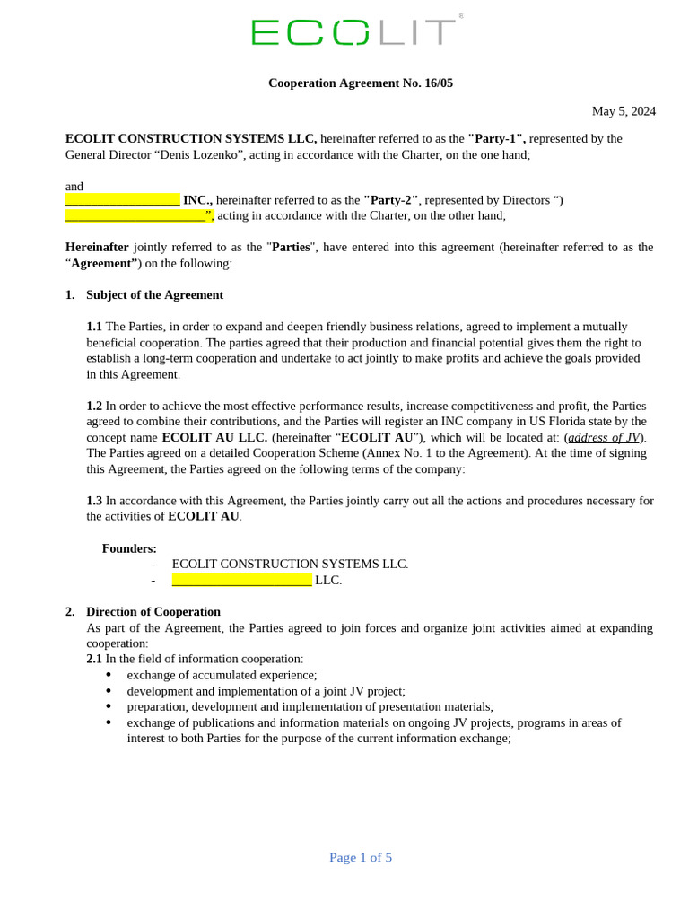 Ecolit AU LLC Cooperation Agreement | PDF | Interest | Prices