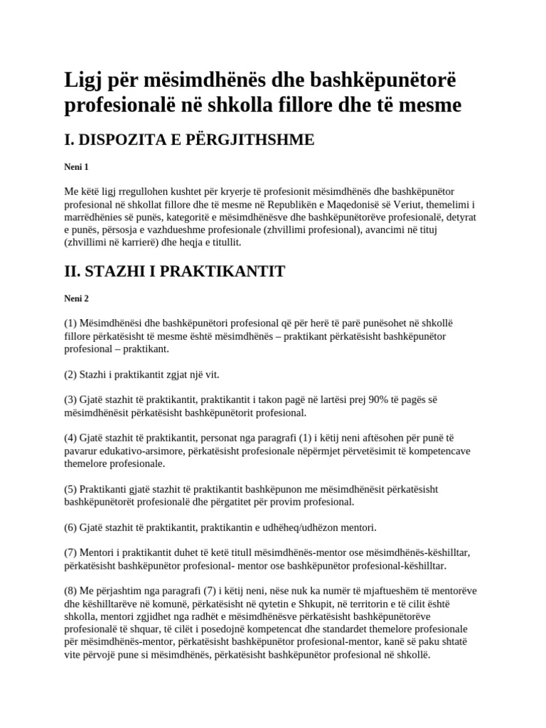Ligj Per Mesimdhenes Dhe Bashkepunetore Profesionale Ne Shkolla Fillore ...