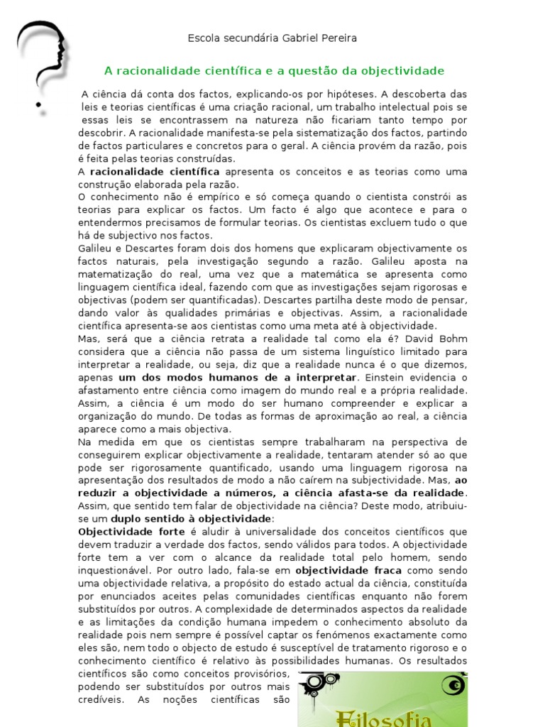 A Racionalidade Científica e A Questão Da Objectividade RESUMO | PDF ...