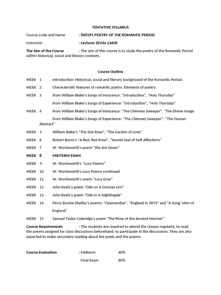 İNÖ391 Poetry of The Romantic Period - Tentative Syllabus 2 | PDF