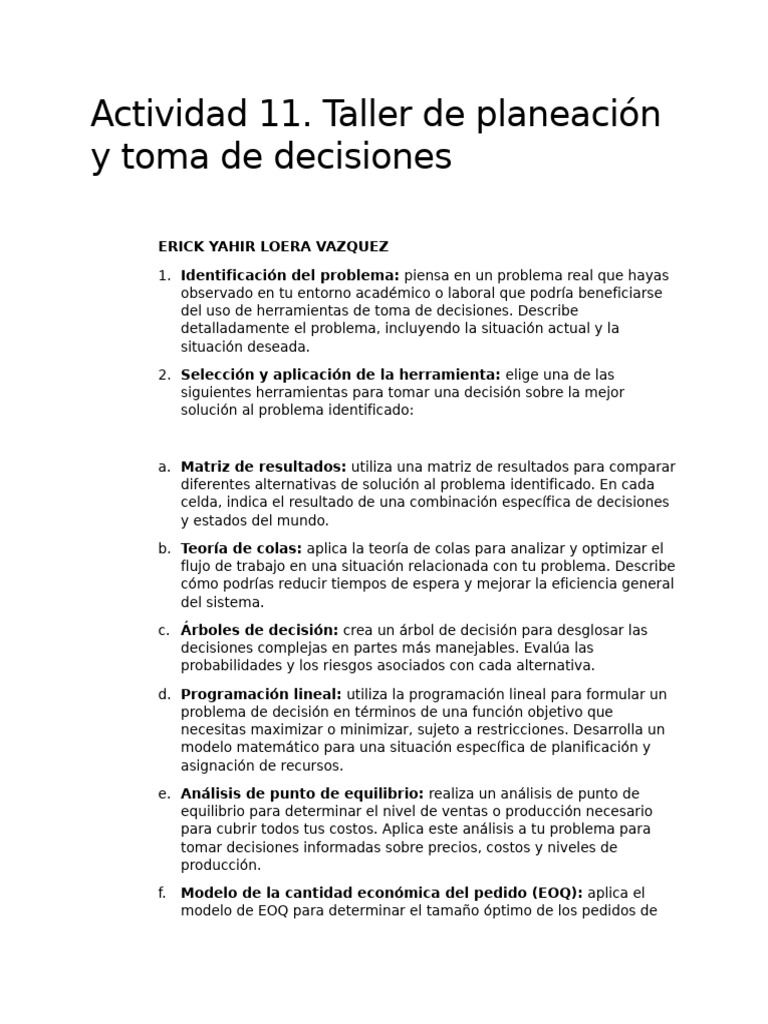 Act 11. Taller de Planeación y Toma de Decisiones | PDF | Programación ...
