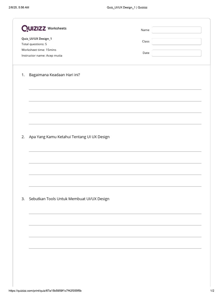 UI/UX Design Quiz Worksheet | PDF