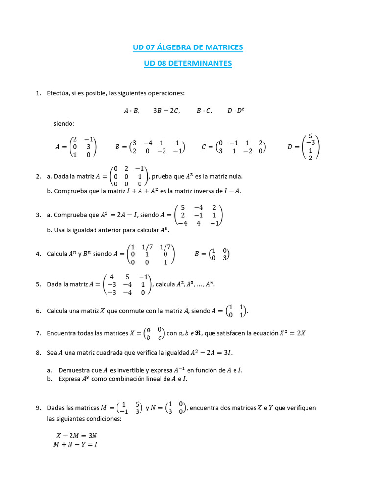 Operaciones y propiedades de matrices | PDF | Matriz (Matemáticas ...