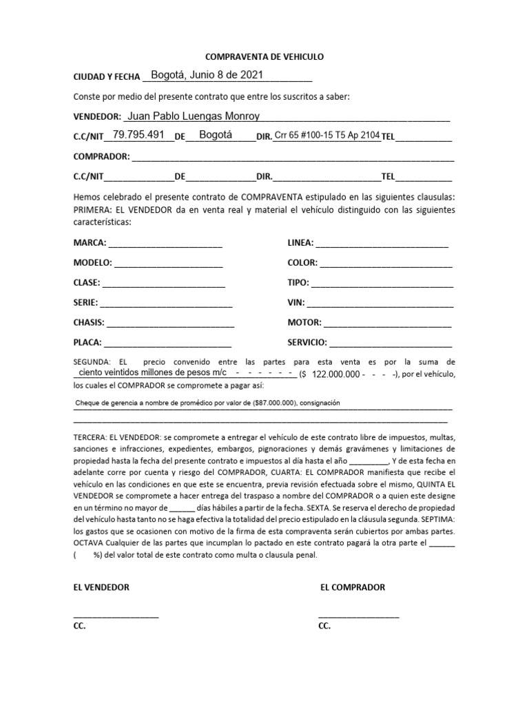 Contrato Compraventa Vehículo Bogotá 2021 | PDF
