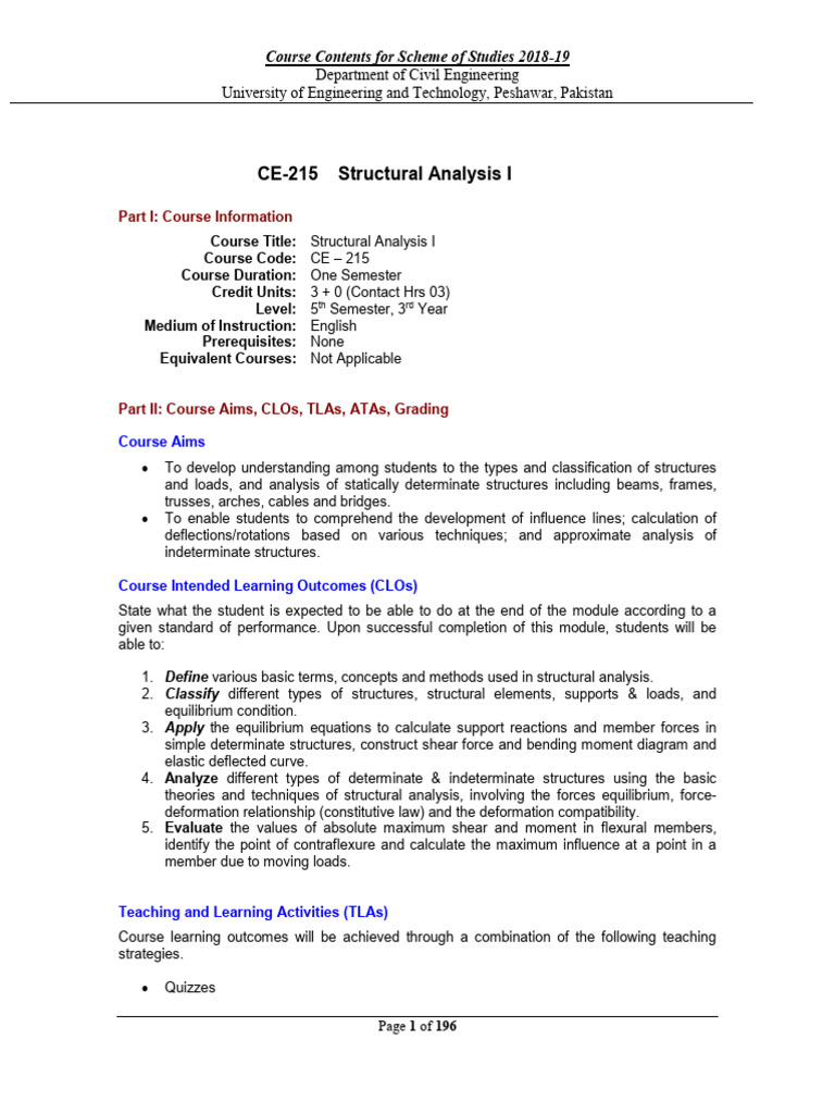 Structural Analysis-I OBE Course Contents-1 | PDF | Structural Analysis ...