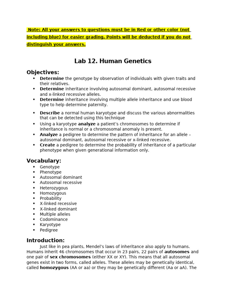 Human Genetics Lab: Inheritance Patterns | PDF | Dominance (Genetics ...