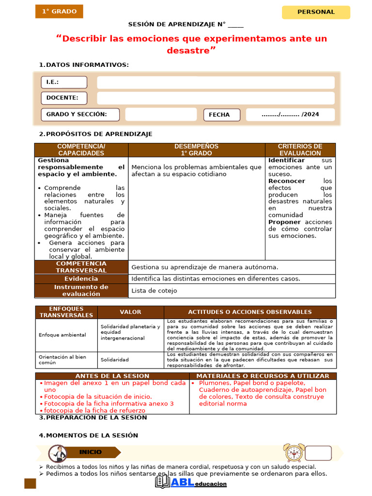 Emociones y Desastres en 1° Grado | PDF | Evaluación | Las emociones