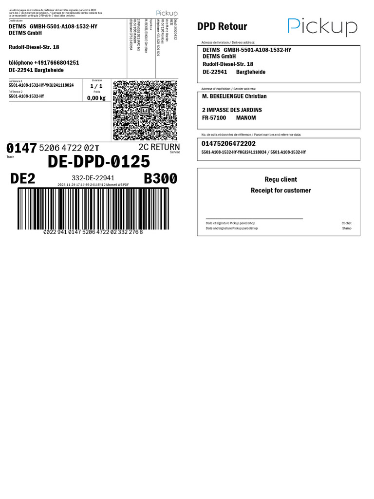 Retour DPD pour DETMS GmbH | PDF