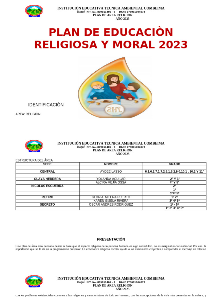 Plan de Educación Religiosa y Moral 2023 | PDF | Fe | Familia