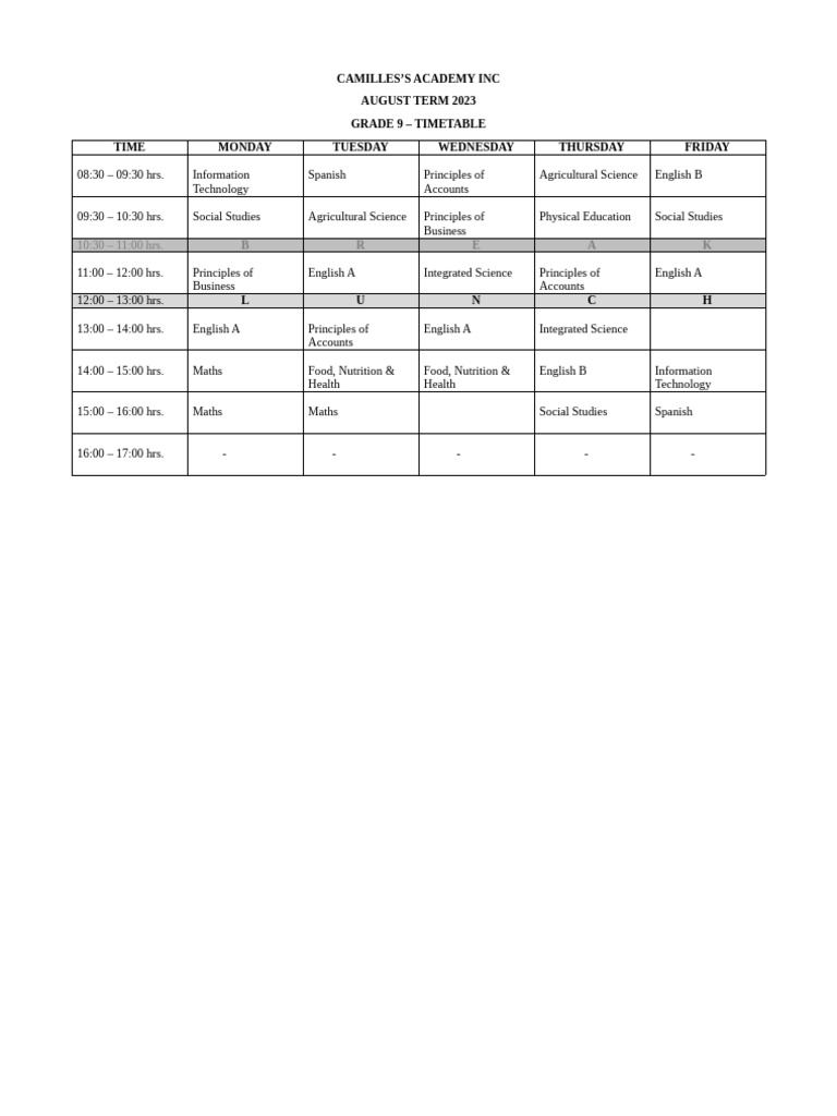 Grade 9 Timetable | PDF