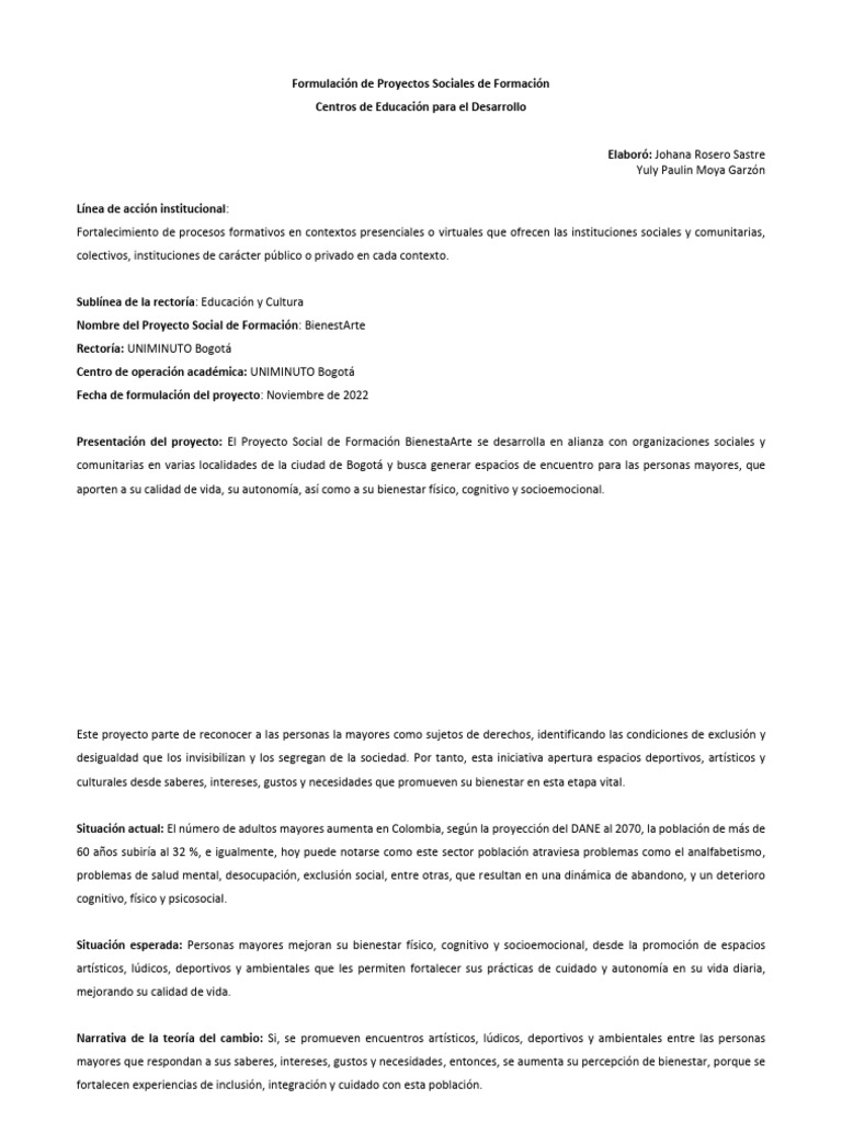 BienestArte: Proyecto para Adultos Mayores | PDF | Vejez | Adultos