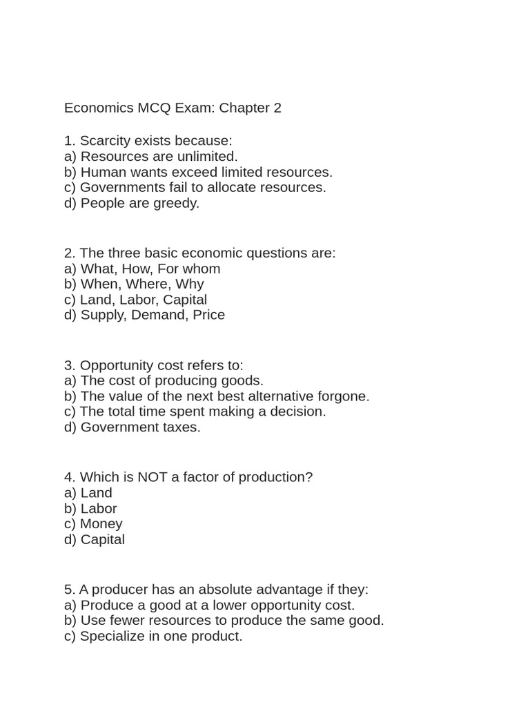 Economics MCQs: Chapter 2 Review | PDF | Opportunity Cost | Microeconomics