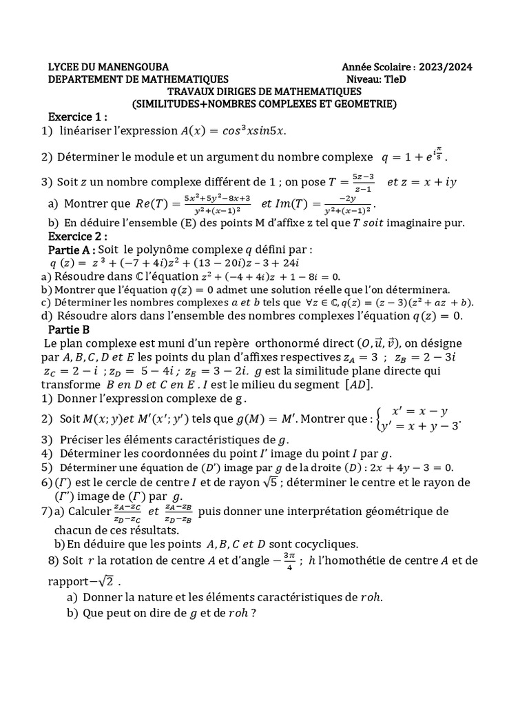 TD TD 23-24 Similitude+nombres Complexe Et Geométrie | PDF | Nombre ...