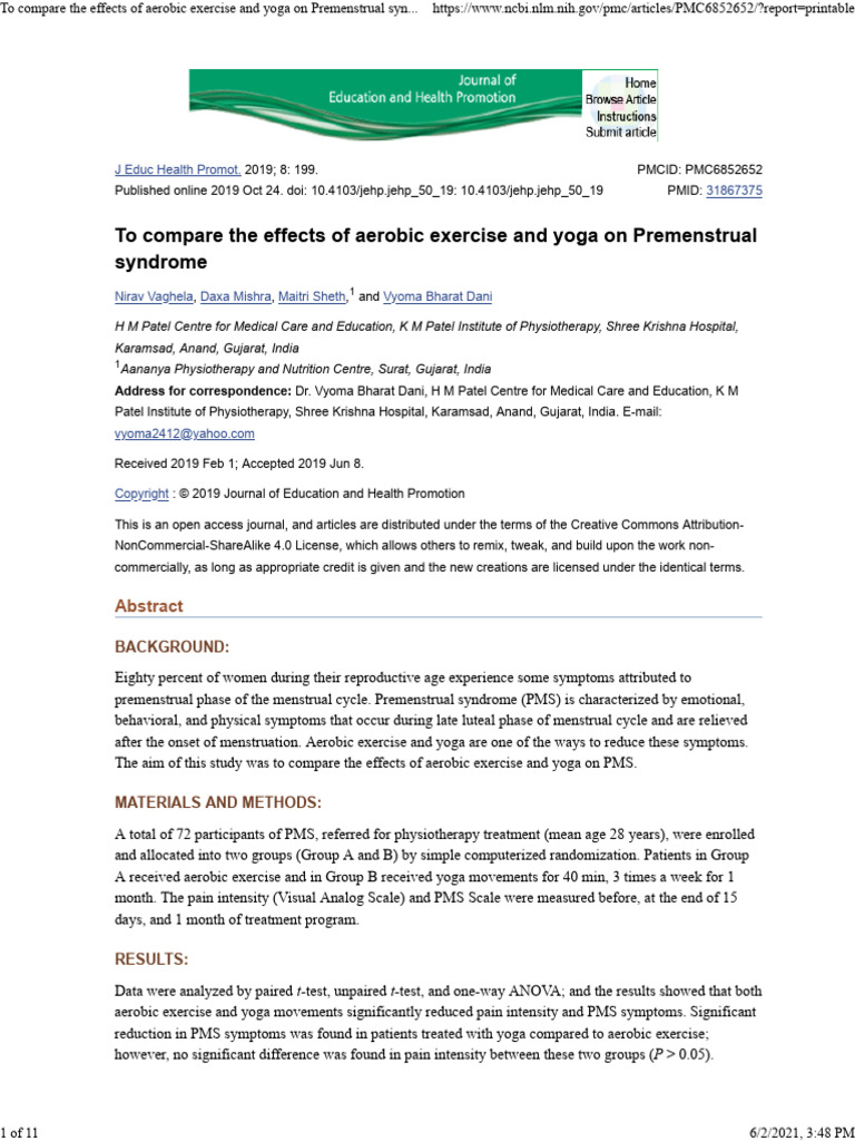 To Compare The Effects of Aerobic Exercise and Yoga On Premenstrual ...