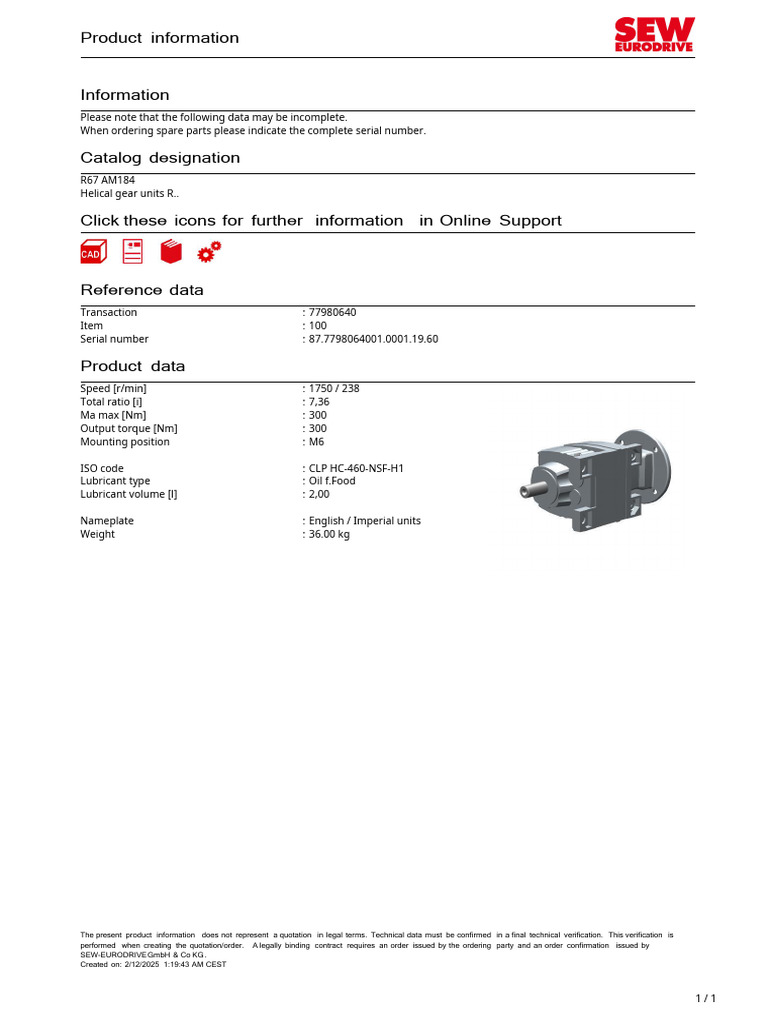 R67 AM184 Helical Gear Unit Details | PDF
