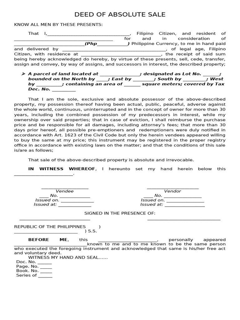 Deed of Absolute Sale Template | PDF | Environmental Law | Justice