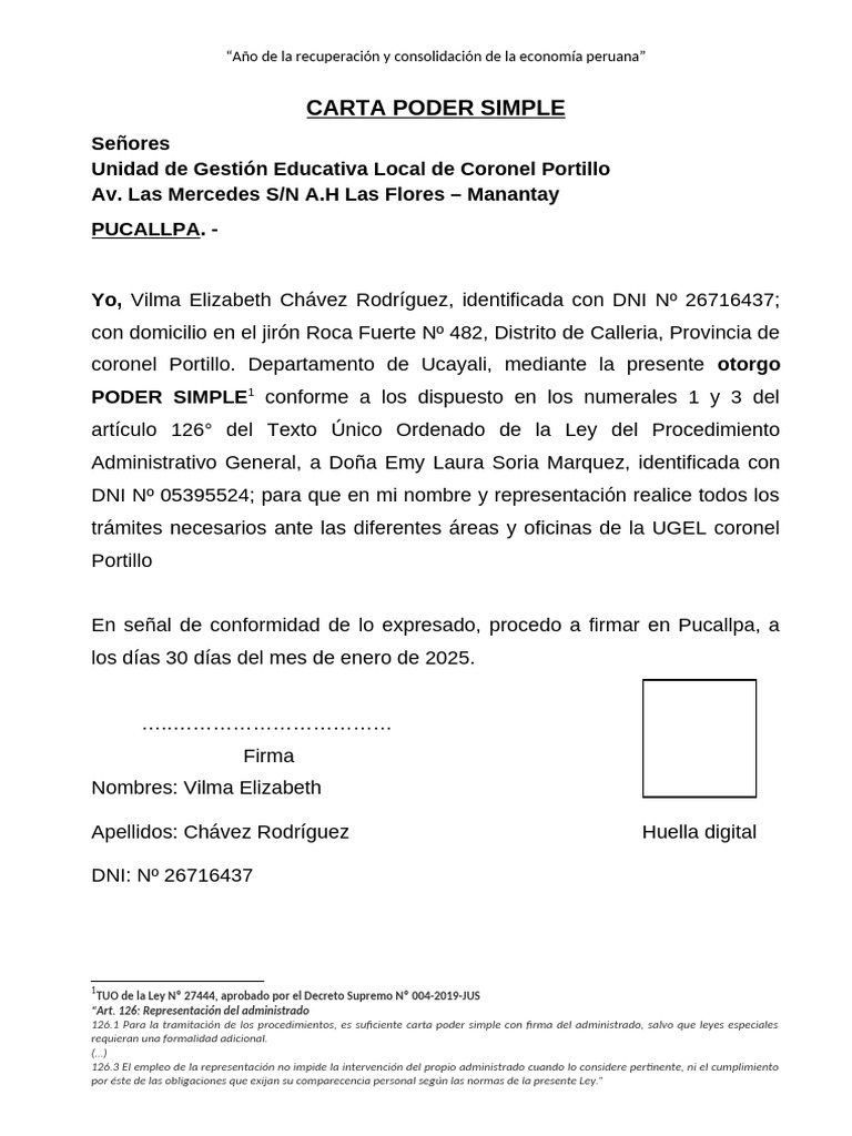Poder Simple para Trámites UGEL Portillo | PDF