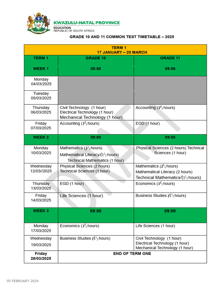 Grade 12 Common Test Timetable 2025 | PDF | Science