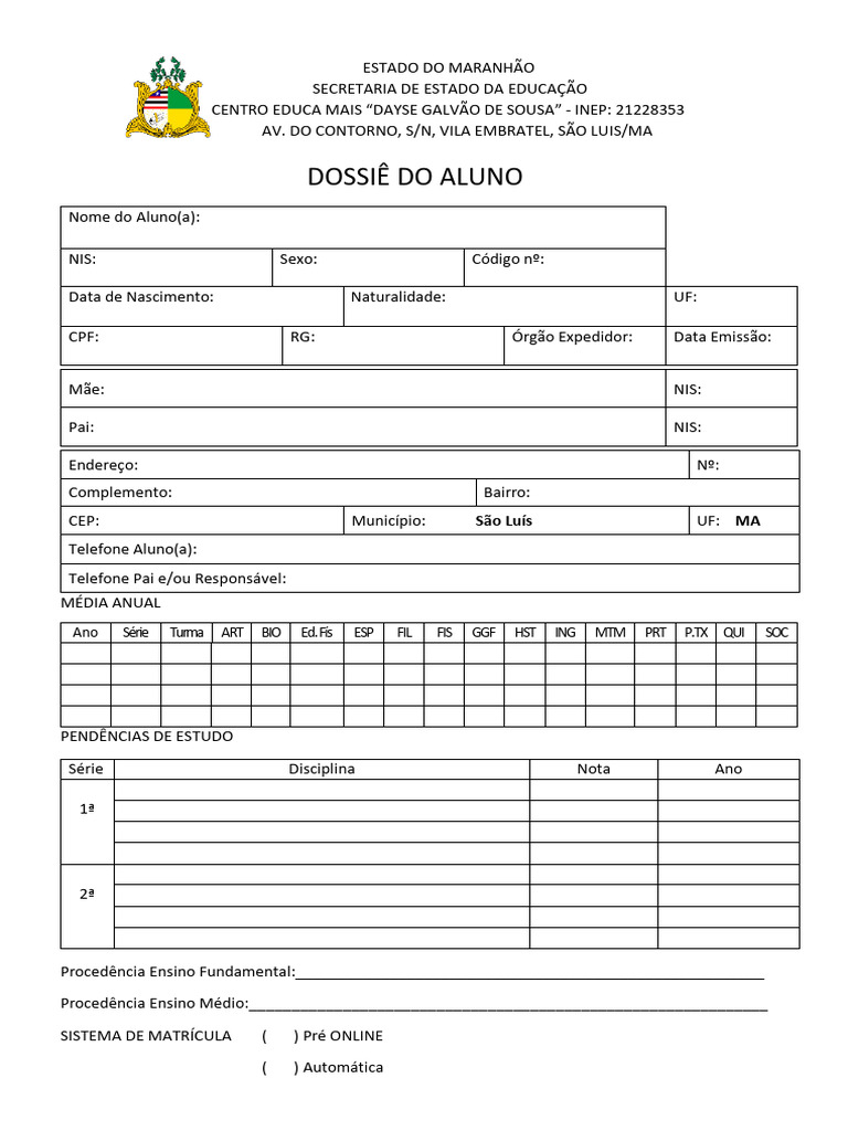 Dossiê Escolar do Aluno - Modelo | PDF