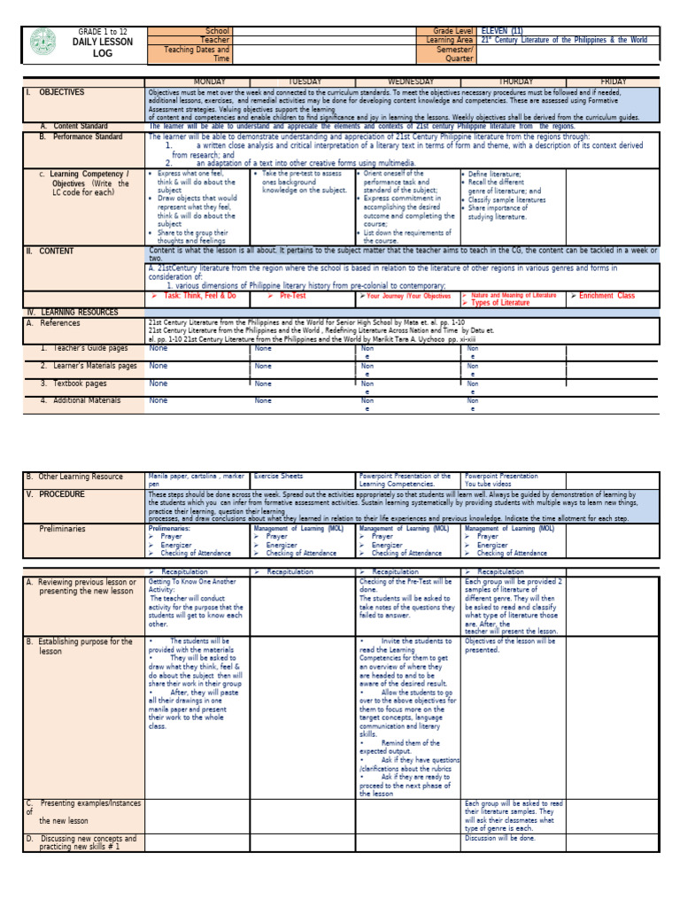 Grade 11 Daily Lesson Plan: 21st Century Literature | PDF | Learning ...