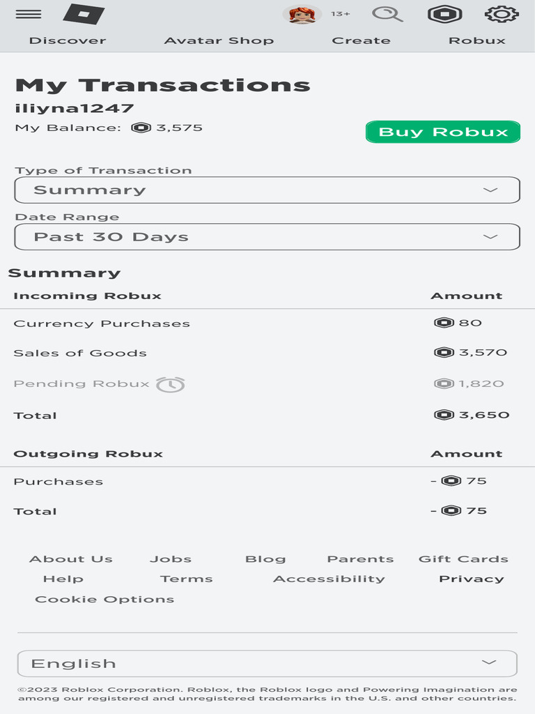Roblox Account Balance Summary | PDF