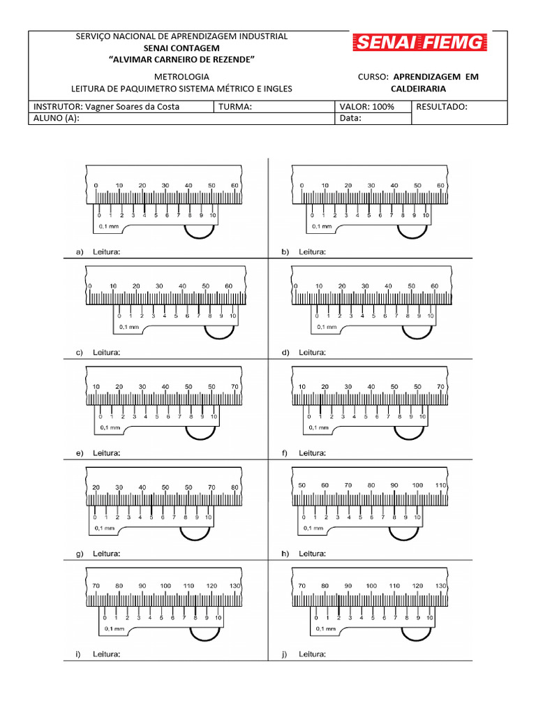 Lista 06 - Leitura de Paquimetro Sistema Métrico e Ingles | PDF