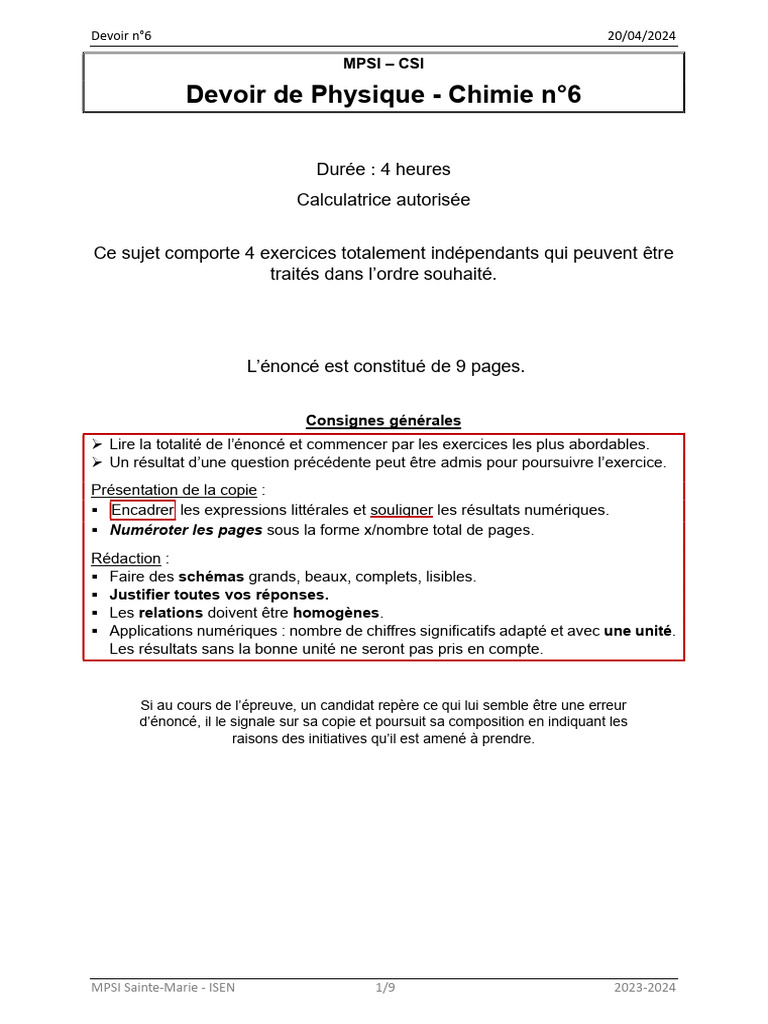 Devoir de Physique-Chimie MPSI n°6 | PDF | Capacité thermique | Température