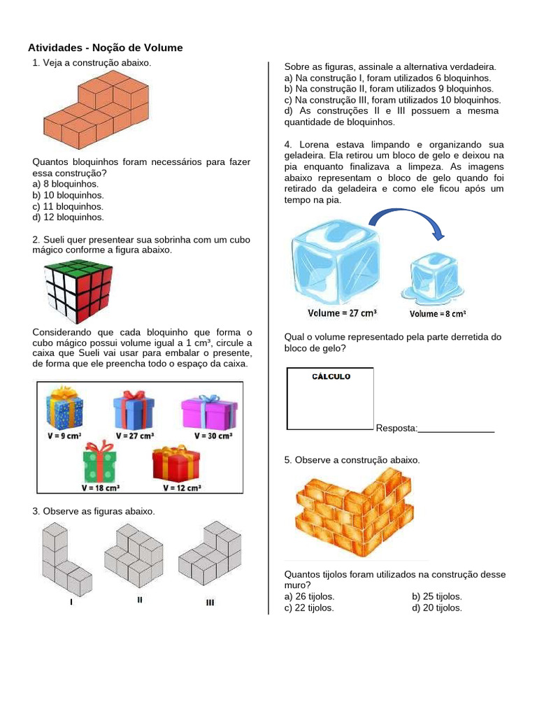 Atividades sobre Noção de Volume 5º Ano | PDF | Metro | Volume