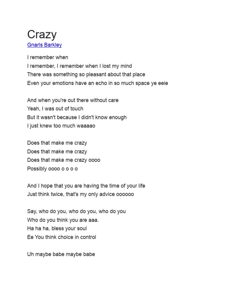 Gnarls Barkley - Crazy Lyrics Analysis | PDF